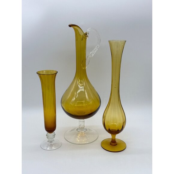 Vtg. Lot of 3 Amber/Gold Hand Blown Glass Lg Ewer w/applied Clear Handle & 2 Vas - Picture 3 of 11